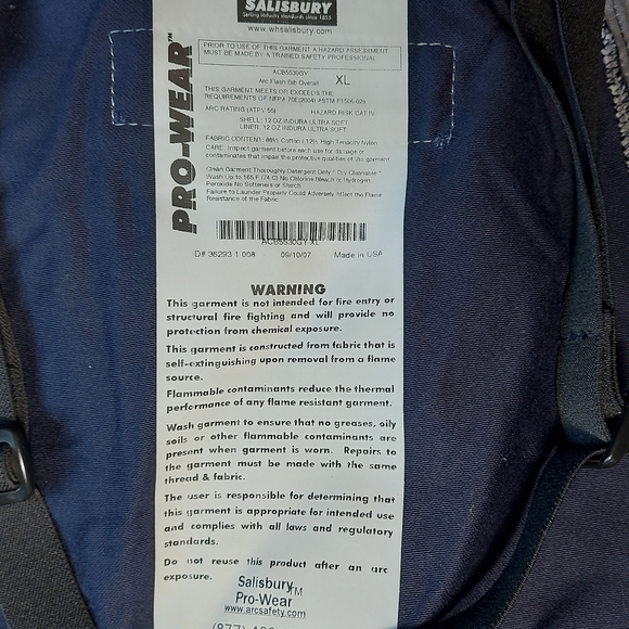 Salisbury 40 cal/cm² ARC FLASH Protection Bib Work Overalls, XL - Picture 7 of 10